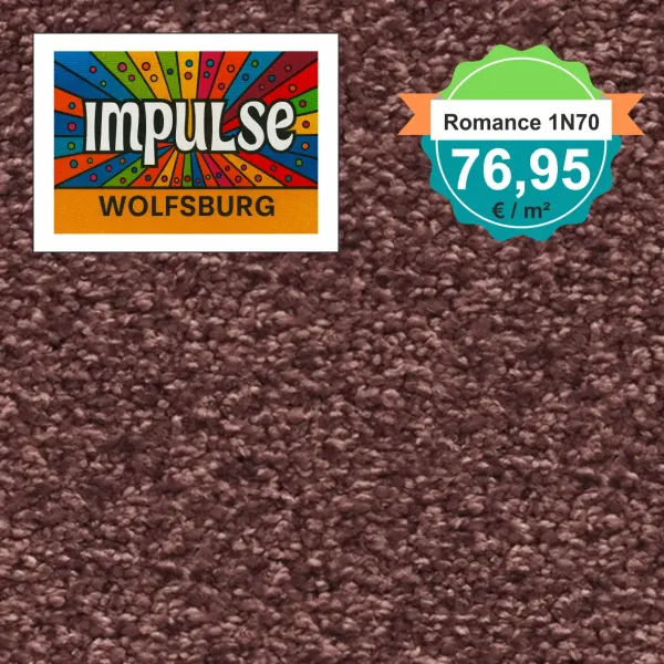 Teppichmuster mit Label „Impulse WOLFSBURG“ und Badge „Romance 1N70 – 76,95 €/m²“